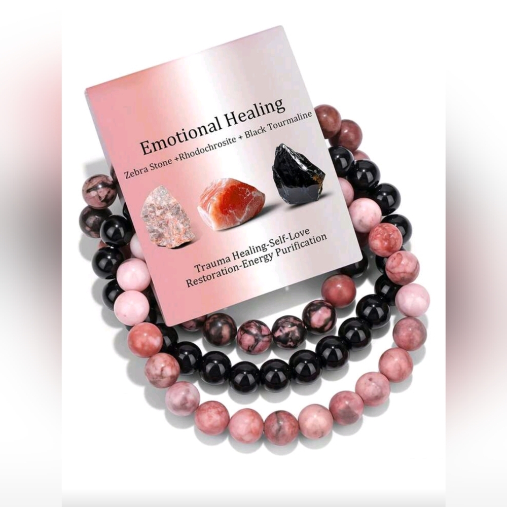 Pink Black 3-piece Bracelet Set Natural Stone Chakra Bracelets - Picture 7 of 7